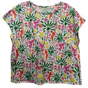Boden Large Louisa Printed Slub T-Shirt Tropical Floral Bird Beach Top P1